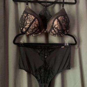 Bijou Exquisita Sheer Lace + Velvet Bra & High-Rise Panty Lingerie Set